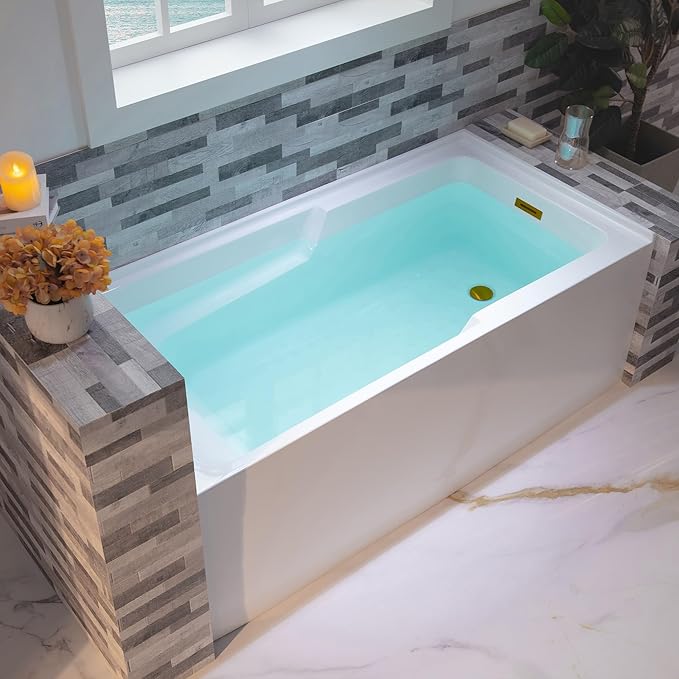 WOODBRIDGE 60" Acrylic Rectangular Alcove Soaking Bathtub in White with Right Drain, Brushed Gold Pop-Up Drain Included BA6030R
