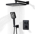 Thermostatic Shower Valve/System 12 inches Black Brass Faucet Set With Diverter/Mixer With Handheld Rain Head High Pressure Modern Rainfall