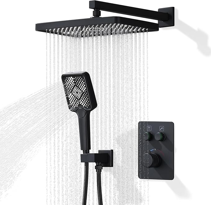 Thermostatic Shower Valve/System 12 inches Black Brass Faucet Set With Diverter/Mixer With Handheld Rain Head High Pressure Modern Rainfall