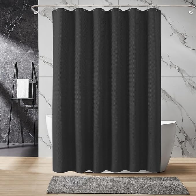 Inhousolu Fabric Shower Curtain Waffle Weave, 230 GSM Heavy Duty, Weighted Hem, 14 Metal Hooks, Water Repellent, Machine Washable, Hotel Spa Luxury Bath Curtain Set, 72 x 84 Inch, Black