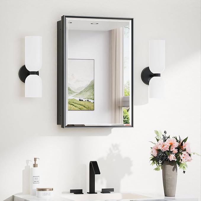 TokeShimi 16x24 Recessed Medicine Cabinet with Mirror, Black Bathroom Medicine Cabinet with Mirror, Bathroom Mirror with Storage, Beveled Aluminum Frame