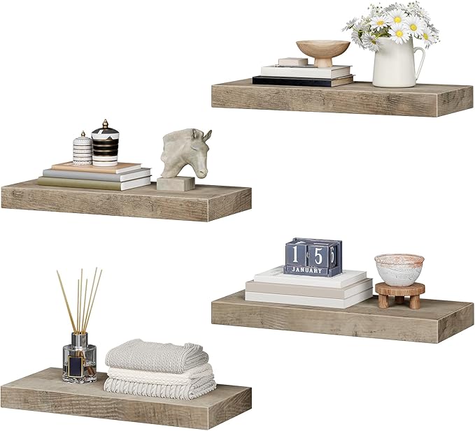 Floating Shelves for Wall, 1.5" Thick Wall Shelf Set of 4 with Invisible Brackets, 15.7L x 7.9W Hanging Shelves Farmhouse Home Decor for Bathroom, Living Room, Bedroom, Greige 4301BJP4BG