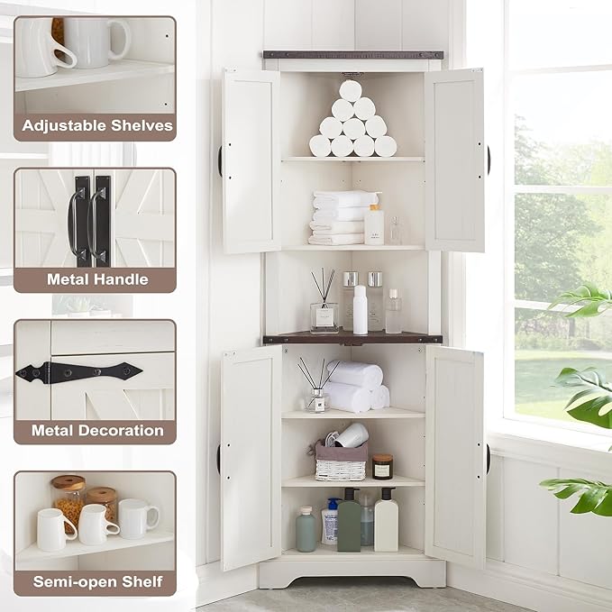 Tall Farmhouse Corner Cabinet with 4 Doors and Adjustable Shelves, Farmhouse Storage Cabinet with Barn Door Design, Home Space Saver for Living Room, Kitchen, Laundry Room (Antique White)