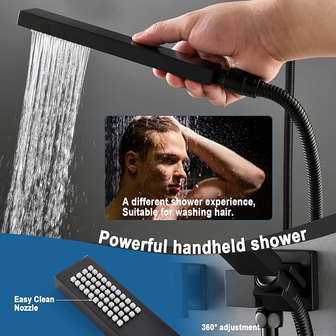 Enga Shower System Body Jets with On-Off Switch, 16 Inch Rain Shower Head System Full Body Spray Massage Shower Set, Multi Head Shower Faucet Combo, Matte Black