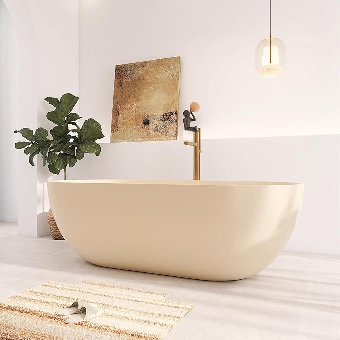 69" Premium Cream Stone Resin Solid Surface Free Standing Bathtub, Unique Matte Milk-Coffee Soaking Tub with Pop-up Drain