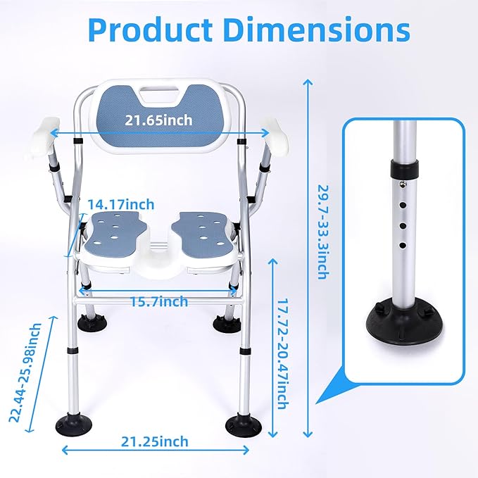Shower Chair for Inside Shower,Foldable Shower Chair for Elderly and Disabled, Adjustable Height Chairs with Padded Arms and Back for Bathroom,Compact and Comfortable ,Extra Wide U-Shape