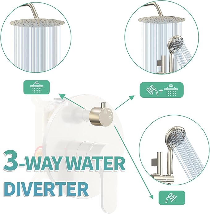 SR SUN RISE 12 Inch Rain Shower System, High Pressure Shower Heads and Handheld 6-Spray Combo Set Slide Bar Shower Faucets Sets Complete Included Valve and Trim Kit for Bathroom, Brushed Nickel