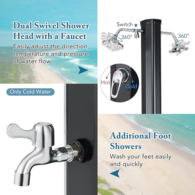 Giantex 9.3 Gallon Outdoor Shower, Solar Shower with Dual 360°Rotating Shower Heads, 2 Foot Showers, Hot & Cold Water Adjustable Faucet, 7.2 FT Outside Shower for Patio, Yard, Poolside, Beach, Garden