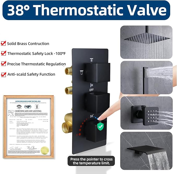 HOMEDEC Solid Brass 4 Ways Shower Diverter Valve, Thermostatic 3 Handles Control Shower Mixing Valve Trim Kit Rough In Replacement, Matte Black
