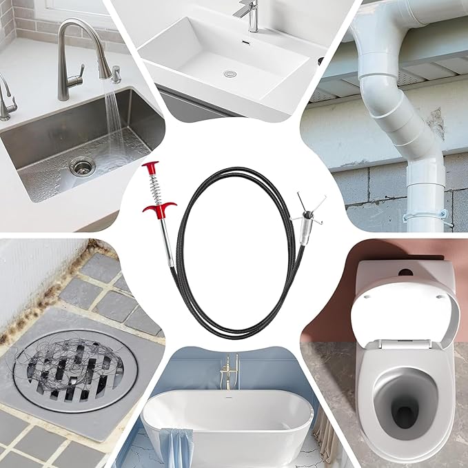 Drain Snake for Hair Clogs, 76 Inch Plumbing Auger Tool with Hook, Sink Snake Drain Clog Remover for Tub Pipes