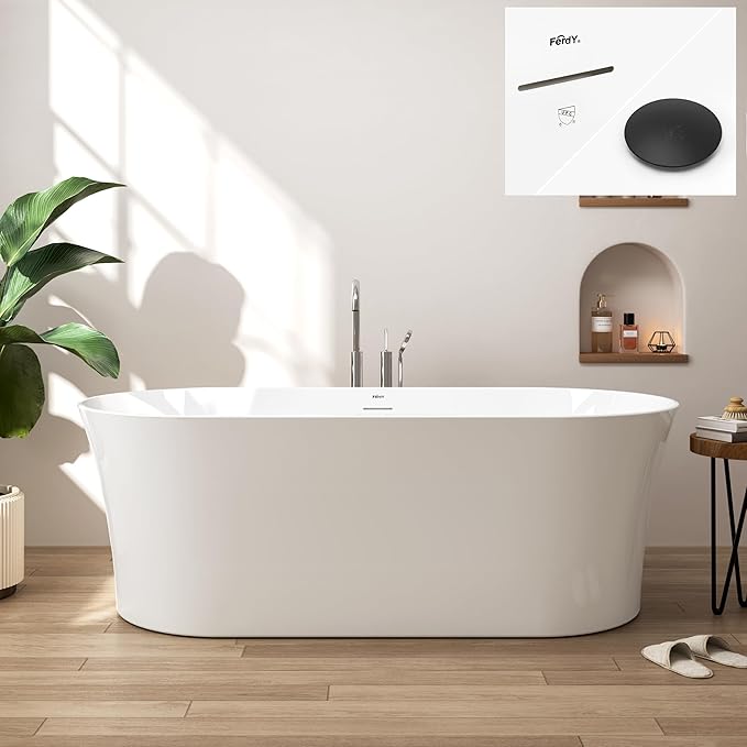 FerdY Santorini 67" Acrylic Freestanding Tub, Gracefully Shaped Contemporary Soaking Tub, Glossy White, cUPC Certified, Matte Black Toe-tap Drain and Overflow