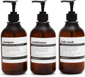 MaisoNovo Refillable Shampoo and Conditioner Bottles | 16.9 fl oz Set of 3 Amber Plastic Bottles Black Pumps