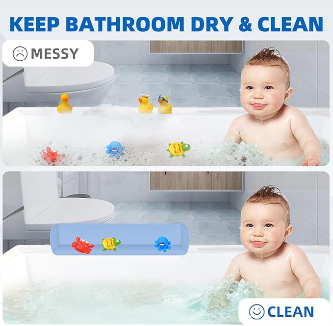 Splash Guard for Bathtub, 3.8" x 3.6" Silicone Bath Tub Splash Guard with 6 Suction Cups, Bathtub SplashGuard Play Shelf Area for Kids with 3°Drainage Slope for Faster Drying - Blue