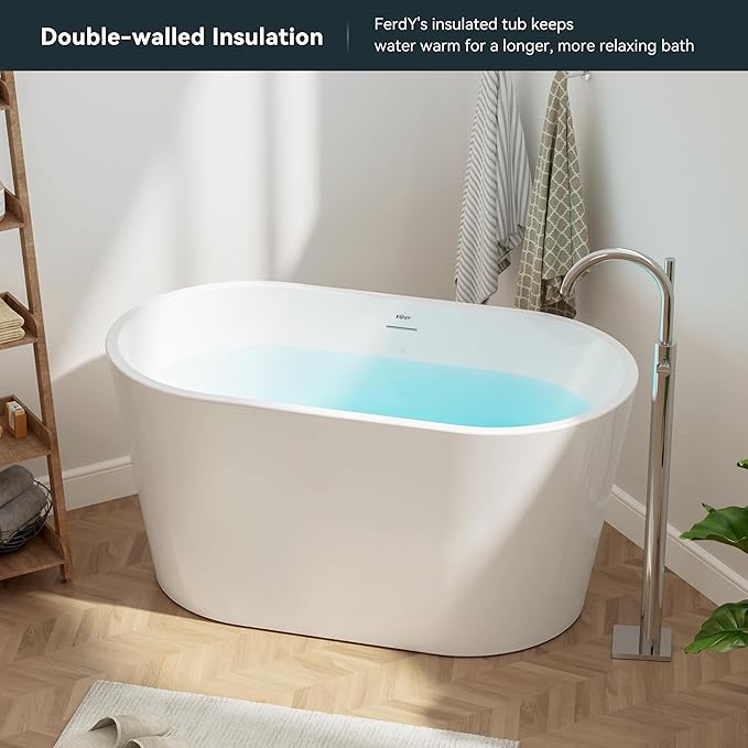 FerdY Shangri-La 47" Acrylic Freestanding Bathtub with Headrest, Small Classic Oval Shape Acrylic Soaking Bathtub with Brushed Nickel Drain & Overflow& Bath Pillow, cUPC Certified