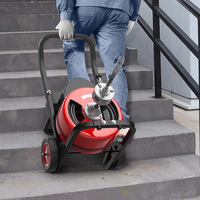 100Ft 3/4 Inch Cable Drain Cleaning Machine, 450W Auto Feed Portable Electric Sewer Snake, Electric Drain Auger with 4 Cutter Air-Activated Foot Switch for 2" to 4" Pipes