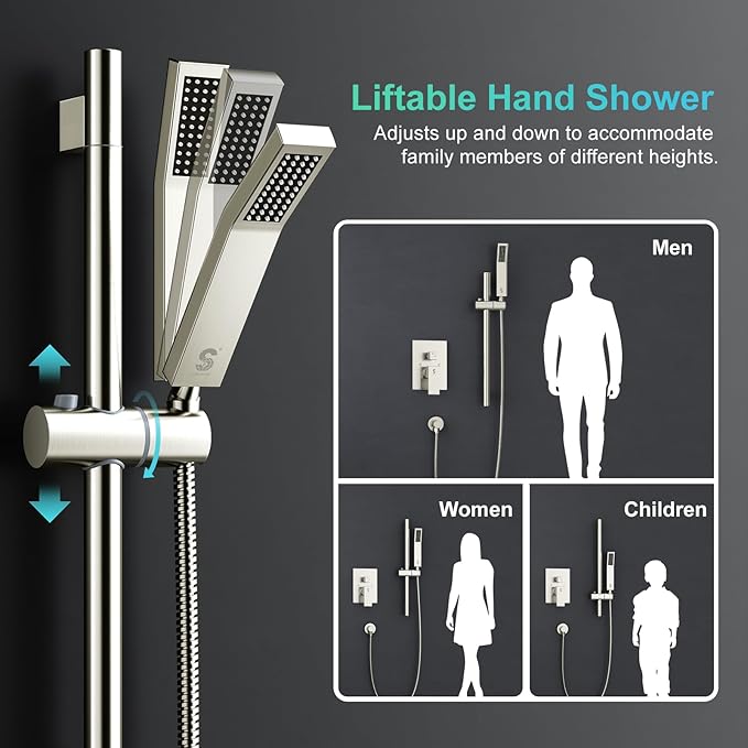 SR SUN RISE 12 Inch Square Shower System, Rain Shower Head and Slide Bar Handheld Shower Faucet Wall Mounted Combo Set Included Valve and Trim Kit for Bathroom, Brushed Nickel