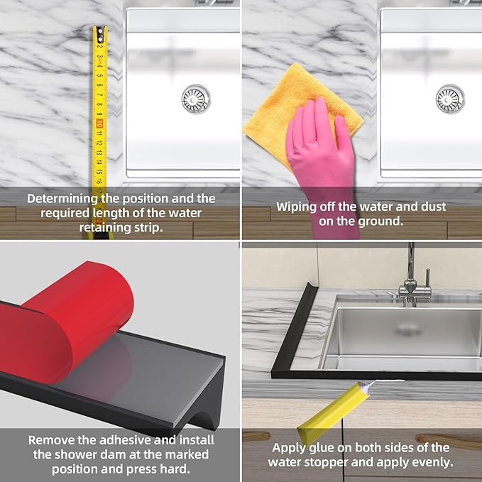 39Inch Collapsible Shower Threshold Water Dam Barrier, Self Adhesive Silicone Waterproof Shower Barrier Water Strip Dam for The Gap Between the Shower Kitchen Countertop Sink and Cooktop