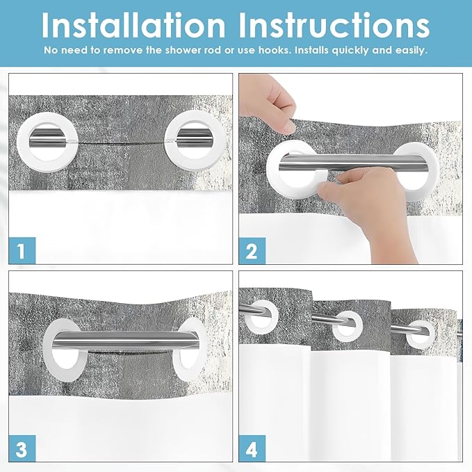 No Hook Blue Grey Painting Shower Curtain with Snap in Fabric Liner Set, Gray Abstract Double Layers Waterproof Fabric with See Through Top Window Open Grommet Bath Curtain 71x74 Inch