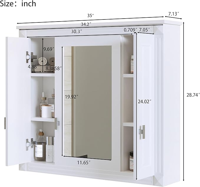 Merax Wall Mounted Bathroom Medicine Cabinet with Mirror, Bathroom Wall Cabinet with Doors and Shelves, 35" x 29" Mirrored Door Over Toilet Storage Cabinet, White