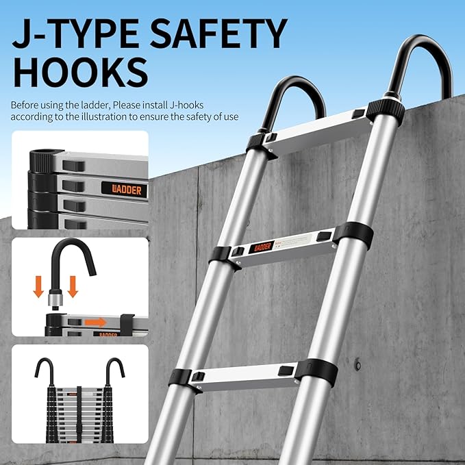Telescoping Ladder,13.5FT Aluminum Multi-Purpose Collapsible Ladder with Stabilizers and Hooks,Jiashche Portable Extension Ladder for RV or Outdoor Work Silver,330lb Max Capacity
