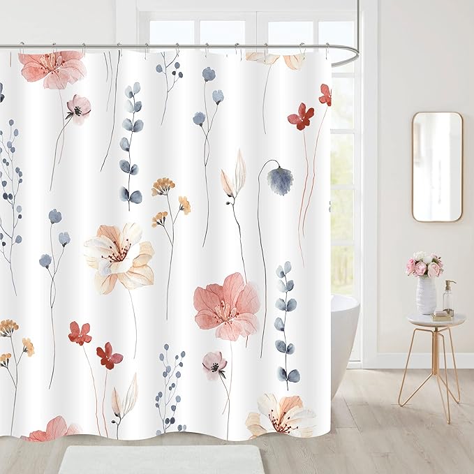 Gibelle Small Stall Shower Curtain 36 x 72, Narrow Half Watercolor Floral Fabric Shower Curtain, Coral Beige Flower Decorative Bathroom Shower Curtain Set