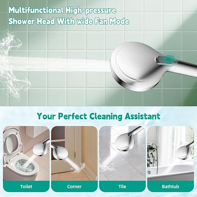 Hibbent cUPC Certified High Pressure 10-mode Shower Head, Handheld Showerhead with Adjustable Brass Joint Holder, 71" Metal Hose, Anti-clog Nozzles, Built-in Power Wash to Clean Tub & Pets, Chrome
