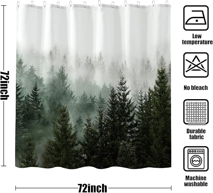 Aipon Green Misty Forest Shower Curtain Nature Tree Shower Curtain Set Dark Green Fabric Waterproof Shower Curtains for Bathroom Decor with 12 Hooks (72'' × 72'', Green4)