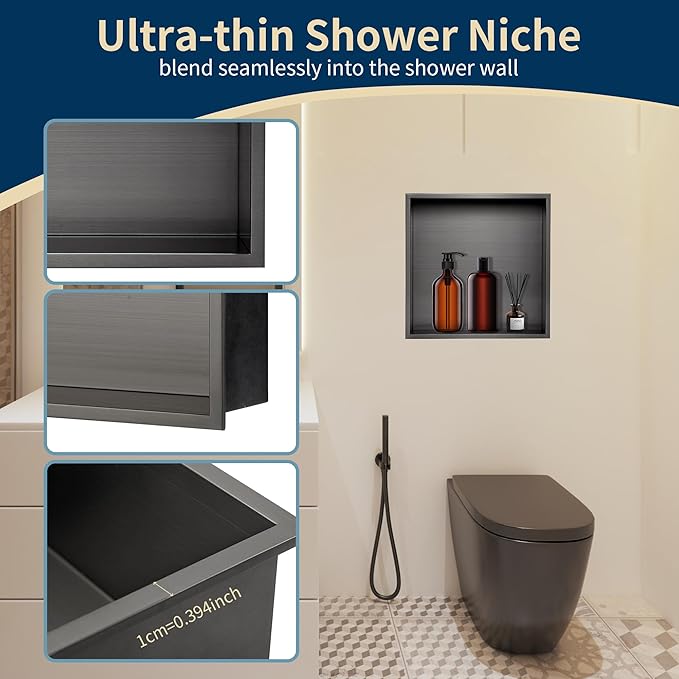 12x12 Shower Niche Insert Tile Ready, Stainless Steel Brushed Black Recessed Wall Cabinet, Waterproof Wall Niche for Shower Wall, No Tile Needed Storage Organizer