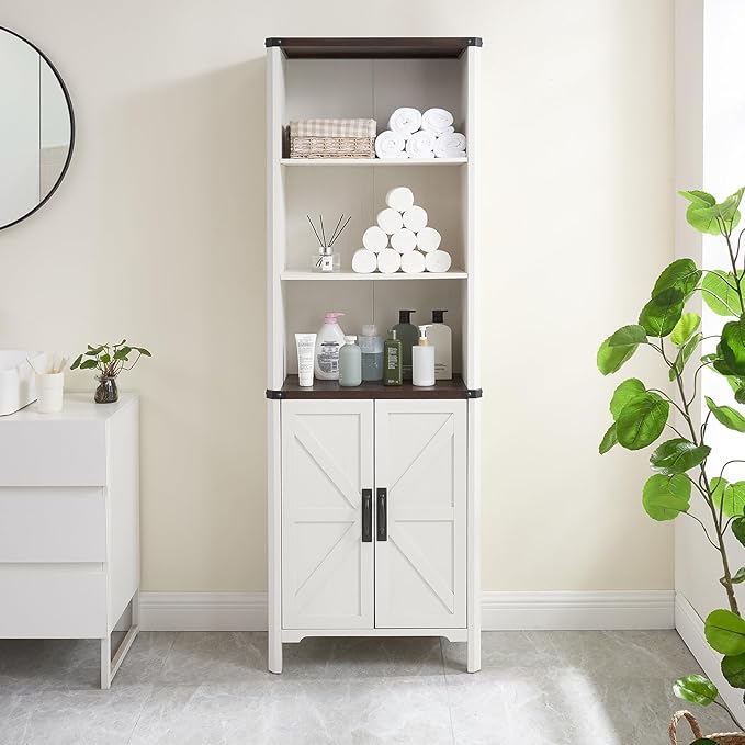 70.87 Tall Bathroom Storage Cabinet, Farmhouse Storage Cabinet with 2 Barn Doors and Adjustable Shelves, Bathroom Organizer for Living Room, Entryway, Kitchen (Antique White)