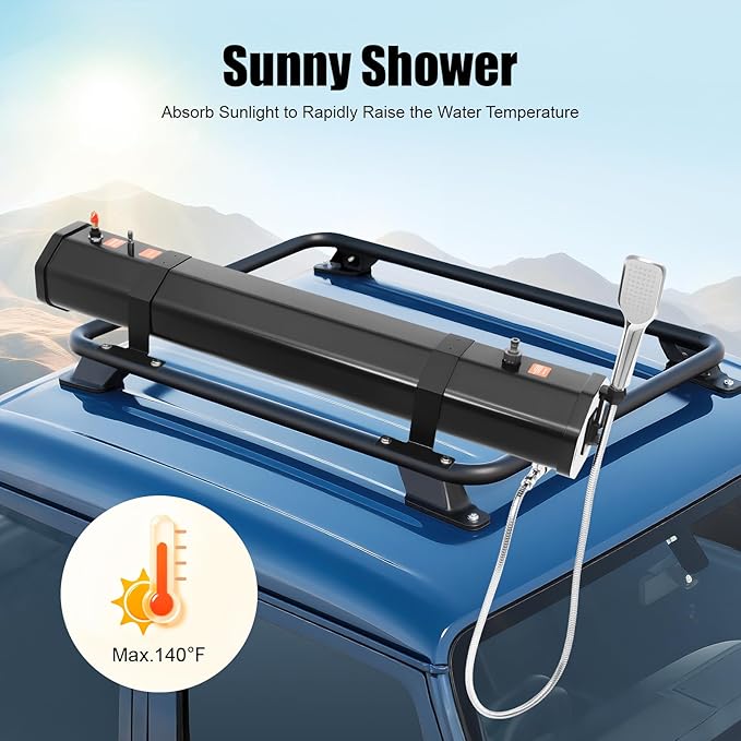 Pressurized Water Tank Portable Roof Rack Water Tank Over-Landing Pressurized Water Tank on Off-Road Vehicle with Shower, Hose & Storage Bag for Camping, Water Storage