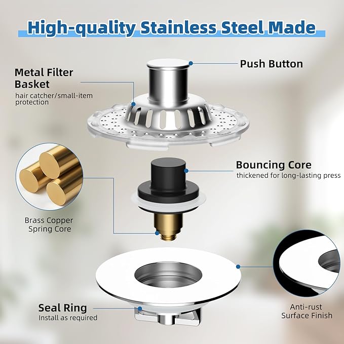 Metal 2 Pack Bathtub Drain Stopper with Top Hair Catcher, Visible Top Strainer Tub Stopper, Upgraded 3 in 1 Pop-up Drain Plug Fit for 1.5 to 2.4" Hole, Stainless Steel Filter Basket