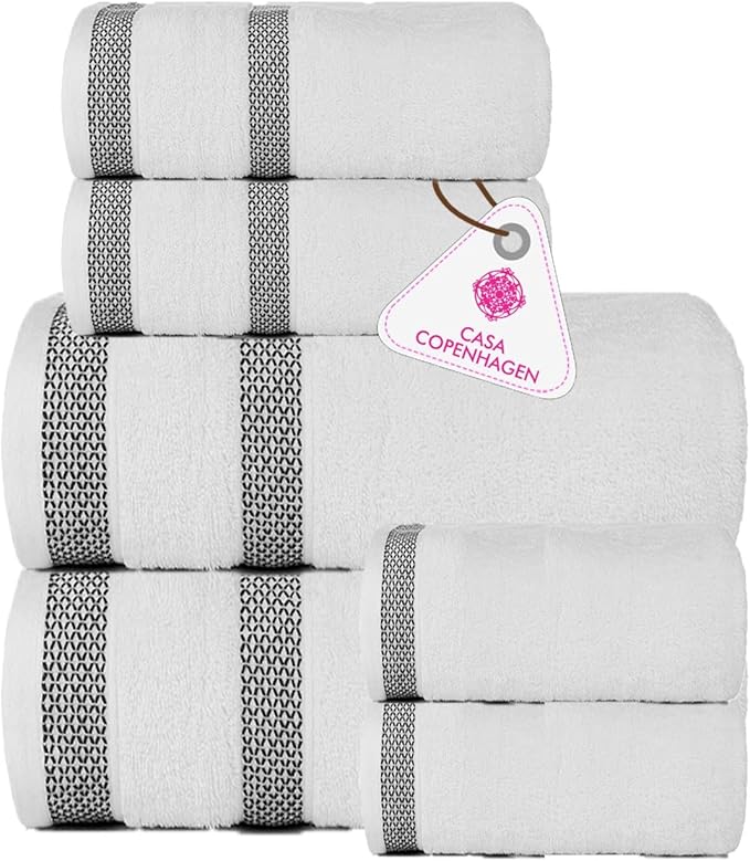 CASA COPENHAGEN Solitaire 6 Pieces Towel Set- Snow White, 600 GSM 2 Bath Towel 2 Hand Towel 2 Washcloth, Designed in Denmark Made of Soft Egyptian Cotton for Bathroom, Kitchen & Shower