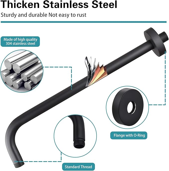 12 Inch Shower Arm with Flange,Stainless Steel 90 Degree Rain Shower Head Extension Arm,Wall-Mounted Shower Head Arm for Fixed Shower Head,Matte Black