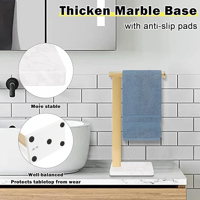 Stainless Steel L-Shaped Hand Towel Holder, SUS304 Bathroom Towel Rack with Thickened Base for Countertop Vanity (Gold, Square Base)