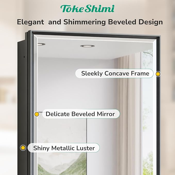 TokeShimi 15 x 36 Bathroom Medicine Cabinet Mirrored Beveled, Recessed Medicine Cabinet with Mirror for Wall, Aluminum Framed Metal Black Mirror with Storage Adjustable