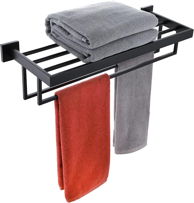 KOKOSIRI Matte Black Towel Rack 24'' Bathroom Towel Shelf with Double Towel Bars SUS304 Stainless Steel Wall Mounted, B6003BK
