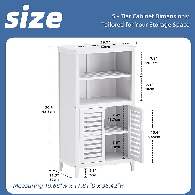 HITNET White Bathroom Cabinet, Bamboo Storage Cabinet Freestanding, Side Tall Storage Organizer for Kitchen Living Room Entryway