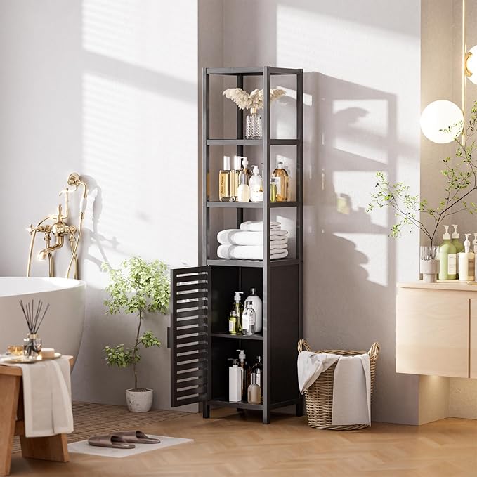 HITNET Bathroom Cabinet Freestanding, Tall Slim Bamboo Storage Cabinet with Shelves and Door, Space Saving Kitchen Cupboard Organizer, Black