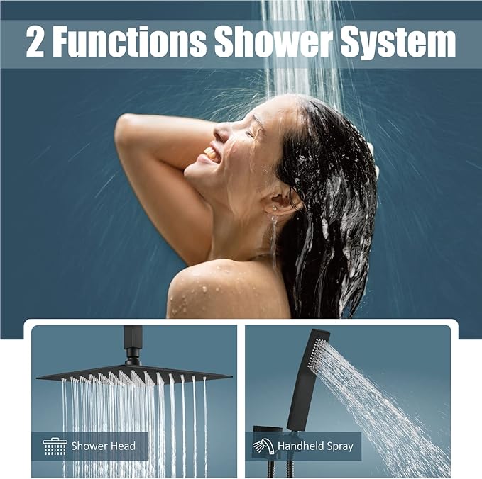 Aolemi Ceiling Mount Shower System Rain Shower Head with Handheld Spray High Pressure Shower Faucet Set Rough-in Valve Shower Trim Kit Included Bathroom Matte Black 12 Inch Ceiling Shower Head