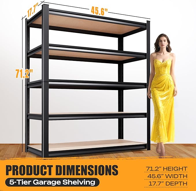 45.6" W Garage Shelving Heavy Duty 5-Tier Storage Shelves, Home Storage Shelf, Adjustable Metal Shelving Unit, for Pantry, Kitchen, Basement, Warehouse, 45.6" Wx17.7 Dx71.2 H, Black