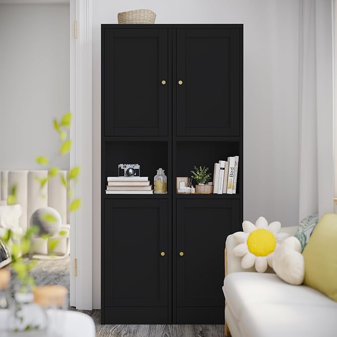 COFaR 67" Tall Metal Bathroom Storage Cabinet,6-Tier Freestanding Linen Tower with 2 Doors,Narrow Slim Metal Locker Storage Cabinet for Small Spaces,Modern,Black