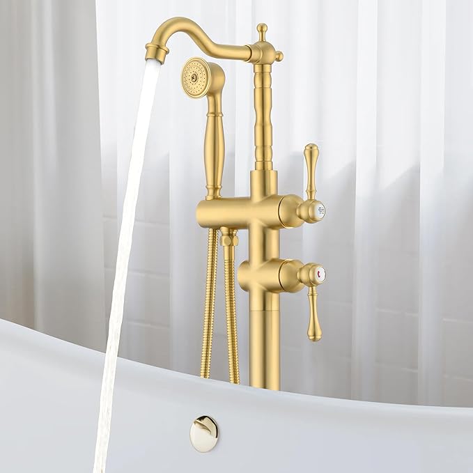 Freestanding Tub Faucet Sets, JetsBath Floor Mount BathTub Filler with 360° Swivel Spout & Handheld Sprayer, Brushed Gold Floor Mount Bathtub Faucet Single Handle with Supply Hose