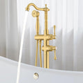 Freestanding Tub Faucet Sets, JetsBath Floor Mount BathTub Filler with 360° Swivel Spout & Handheld Sprayer, Brushed Gold Floor Mount Bathtub Faucet Single Handle with Supply Hose