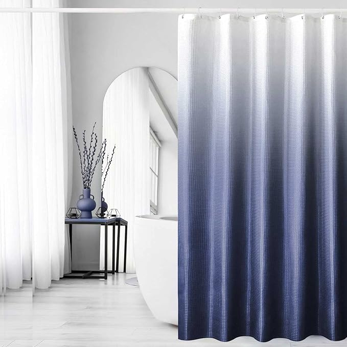 Gibelle Waffle Weave Ombre Fabric Shower Curtain Navy Blue Bathroom Decor Accessories Set with Hooks, Water Repellent and Machine Washable, 72 x 72