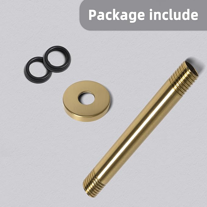 6 Inch Shower Arm with Flange, Ceiling Mounted Shower Head Extension Arm, 1/2 NPT Straight Arm for Rain Shower Head, Stainless Steel Shower Head Extension Replacement Pipe Arm, Brusheed Gold