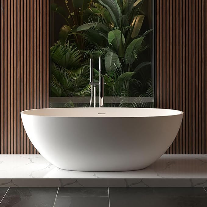 65 in Solid Surface Freestanding Bathtub, Contemporary Oval Shape Soaking Tub, Stone Resin Stand Alone Bathtub With Pop-Up Drain and Overflow, Cupc Certified,Matte White