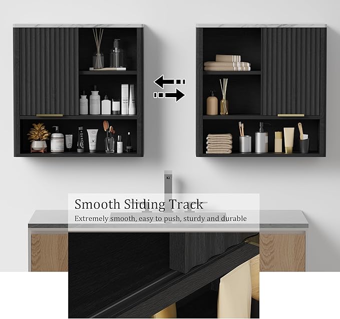 24” Bathroom Wall Cabinet, Modern Wood Medicine Cabinet with Adjustable Shelves, Above Toilet Storage Organizer for Kitchen, Living Room,Laundry Room,Black