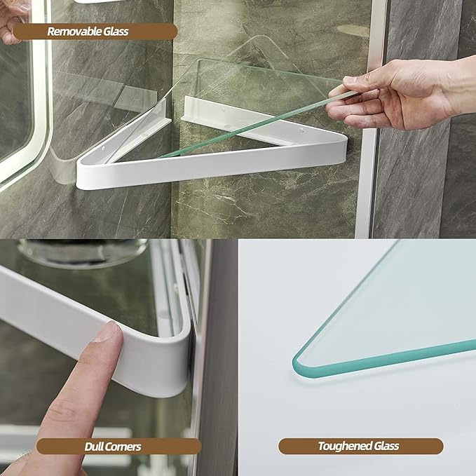 VOLPONE Bathroom Shelves Wall Mounted Glass Corner Shelf for Bathroom Floating Shelf Tempered Glass Wall Organizer 2-Tier(White)