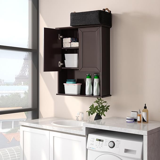 Wall Cabinet, 23x29 inch Medicine Cabinet, Over Toilet Storage with Adjustable Shelf, Wooden Expresso Bathroom Cabinet with 2 Doors