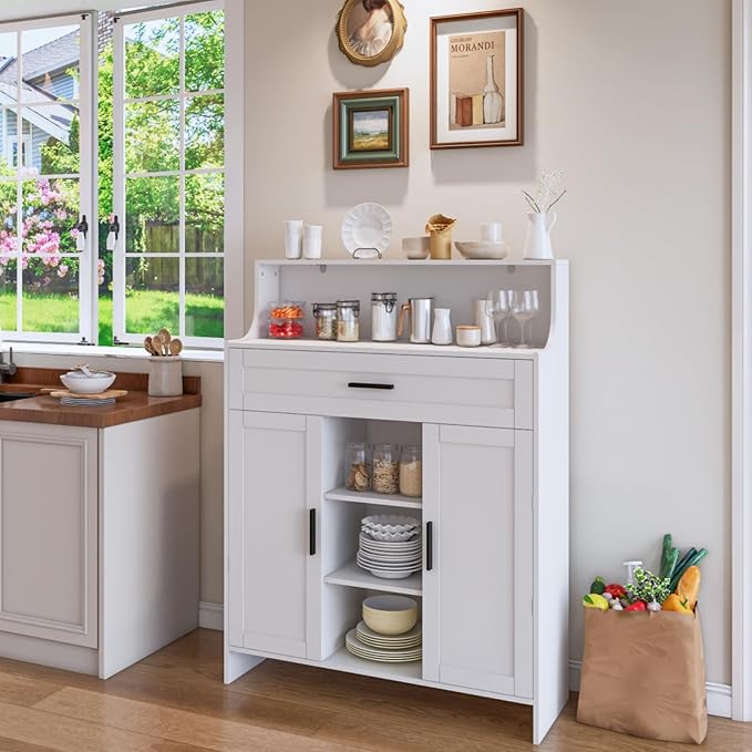 Storage Cabinet with Doors and Drawers, Kitchen Storage Cabinet with 1 Large Drawer,2 Doors,and 2 Adjustable Shelves,for Bathroom/Kitchen/Living Room/Entrance Hall (White)